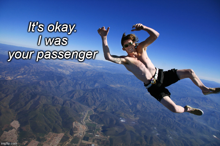 skydive without a parachute | It's okay.
I was your passenger | image tagged in skydive without a parachute | made w/ Imgflip meme maker