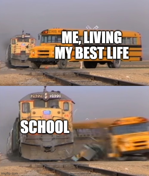 A train hitting a school bus | ME, LIVING MY BEST LIFE; SCHOOL | image tagged in a train hitting a school bus | made w/ Imgflip meme maker