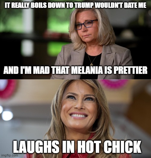 IT REALLY BOILS DOWN TO TRUMP WOULDN'T DATE ME; AND I'M MAD THAT MELANIA IS PRETTIER; LAUGHS IN HOT CHICK | image tagged in liz cheney,melania trump | made w/ Imgflip meme maker