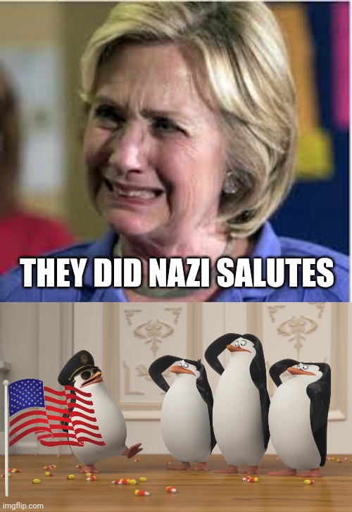 THEY DID NAZI SALUTES | image tagged in hillary crying,saluting skipper | made w/ Imgflip meme maker