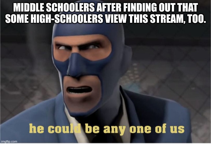 Who could it be ;) | MIDDLE SCHOOLERS AFTER FINDING OUT THAT SOME HIGH-SCHOOLERS VIEW THIS STREAM, TOO. | image tagged in he could be anyone of us | made w/ Imgflip meme maker