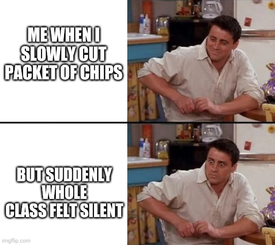 Class meme | Memes By Amaan | ME WHEN I SLOWLY CUT PACKET OF CHIPS; BUT SUDDENLY WHOLE CLASS FELT SILENT | image tagged in surprised joey,funny memes,memes | made w/ Imgflip meme maker