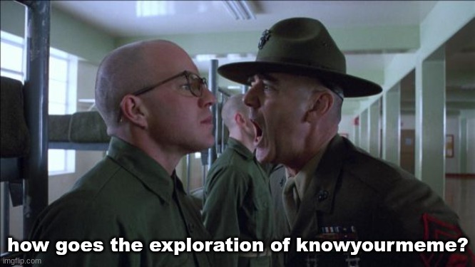 status report please | how goes the exploration of knowyourmeme? | image tagged in gunnery sergeant hartman | made w/ Imgflip meme maker