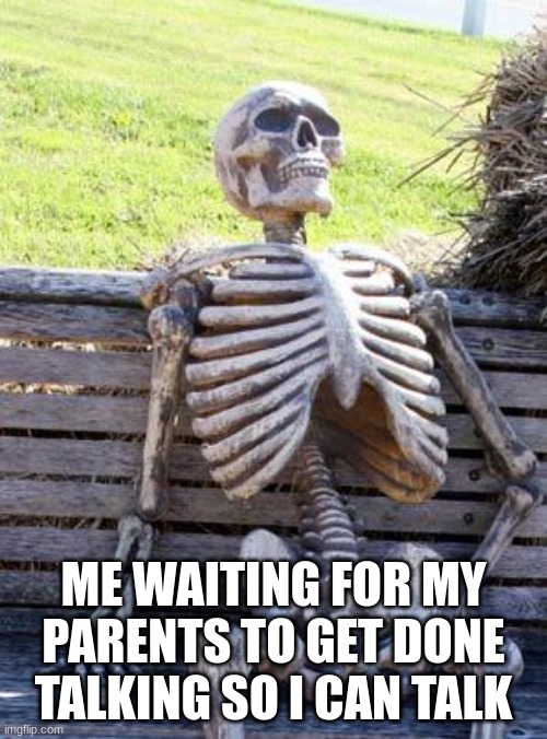 Waiting Skeleton Meme | ME WAITING FOR MY PARENTS TO GET DONE TALKING SO I CAN TALK | image tagged in memes,waiting skeleton | made w/ Imgflip meme maker