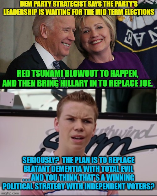 The plan is the plan. | DEM PARTY STRATEGIST SAYS THE PARTY'S LEADERSHIP IS WAITING FOR THE MID TERM ELECTIONS; RED TSUNAMI BLOWOUT TO HAPPEN, AND THEN BRING HILLARY IN TO REPLACE JOE. SERIOUSLY?  THE PLAN IS TO REPLACE BLATANT DEMENTIA WITH TOTAL EVIL . . . AND YOU THINK THAT'S A WINNING POLITICAL STRATEGY WITH INDEPENDENT VOTERS? | image tagged in go for it dems | made w/ Imgflip meme maker