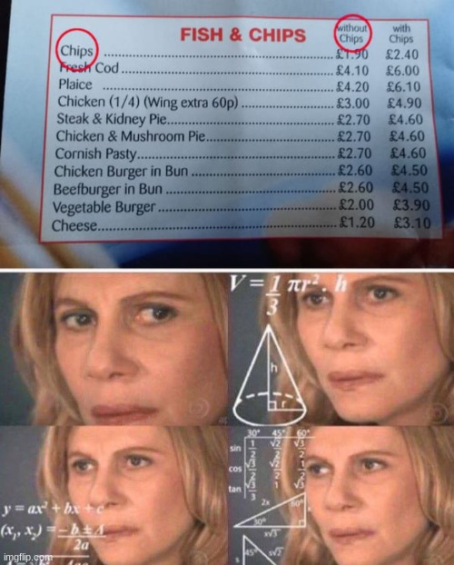 Chips Without chips? | image tagged in math lady/confused lady,lol,funny,lol so funny,you had one job,you had one job just the one | made w/ Imgflip meme maker