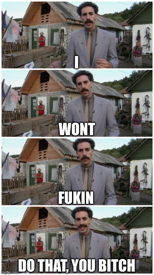 Borat neighbour | I WONT FUKIN DO THAT, YOU BITCH | image tagged in borat neighbour | made w/ Imgflip meme maker