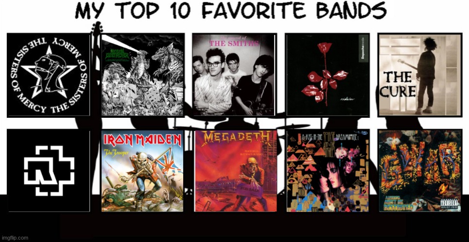 Is my taste cool or stool (i'm also into some goth stuff plz don't waterboard me) | image tagged in iron maiden,megadeth,rammstein,industrial,heavy metal,goth | made w/ Imgflip meme maker