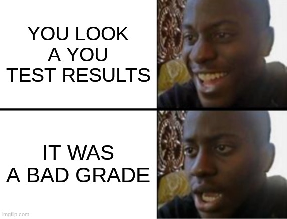 test results | YOU LOOK A YOU TEST RESULTS; IT WAS A BAD GRADE | image tagged in oh yeah oh no | made w/ Imgflip meme maker