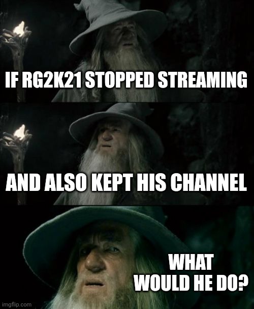 That's a good question | IF RG2K21 STOPPED STREAMING; AND ALSO KEPT HIS CHANNEL; WHAT WOULD HE DO? | image tagged in memes,confused gandalf | made w/ Imgflip meme maker