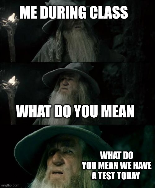 Confused Gandalf |  ME DURING CLASS; WHAT DO YOU MEAN; WHAT DO YOU MEAN WE HAVE A TEST TODAY | image tagged in memes,confused gandalf,school meme,school,test,gandalf | made w/ Imgflip meme maker