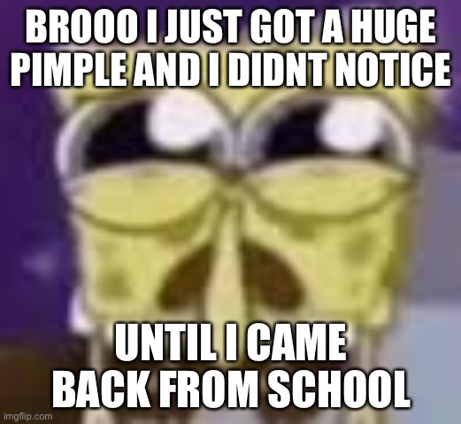 Spunchbop all sad n shit | BROOO I JUST GOT A HUGE PIMPLE AND I DIDNT NOTICE; UNTIL I CAME BACK FROM SCHOOL | image tagged in spunchbop all sad n shit | made w/ Imgflip meme maker