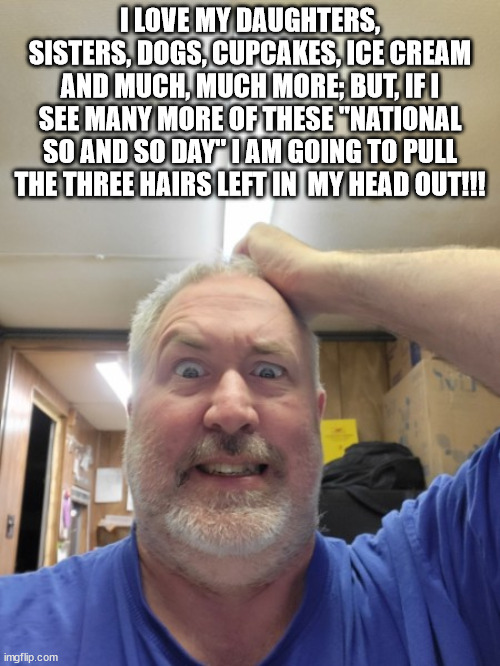 Frustrated with National days | I LOVE MY DAUGHTERS, SISTERS, DOGS, CUPCAKES, ICE CREAM AND MUCH, MUCH MORE; BUT, IF I SEE MANY MORE OF THESE "NATIONAL SO AND SO DAY" I AM GOING TO PULL THE THREE HAIRS LEFT IN  MY HEAD OUT!!! | image tagged in memes | made w/ Imgflip meme maker