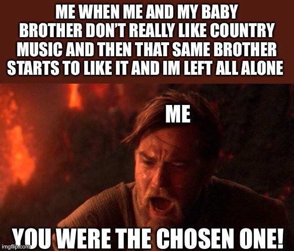 Im the only left now:( | ME WHEN ME AND MY BABY BROTHER DON’T REALLY LIKE COUNTRY MUSIC AND THEN THAT SAME BROTHER STARTS TO LIKE IT AND IM LEFT ALL ALONE; ME; YOU WERE THE CHOSEN ONE! | image tagged in memes,you were the chosen one star wars,country music,star wars | made w/ Imgflip meme maker