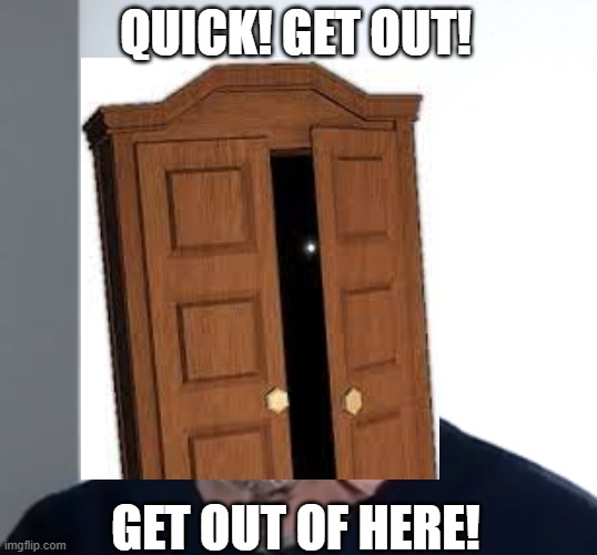 Hide from Roblox Doors be like | QUICK! GET OUT! GET OUT OF HERE! | image tagged in roblox,roblox meme,doors,michael rosen,get out | made w/ Imgflip meme maker