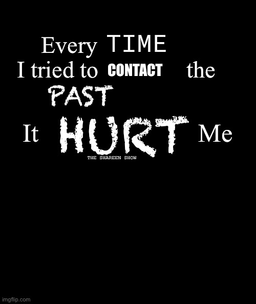 The past | TIME; Every                 I tried to               the; CONTACT; PAST; It                         Me; HURT; THE SHAREEN SHOW | image tagged in abusequotes,abuse,pastlife,past,contact,hurt | made w/ Imgflip meme maker