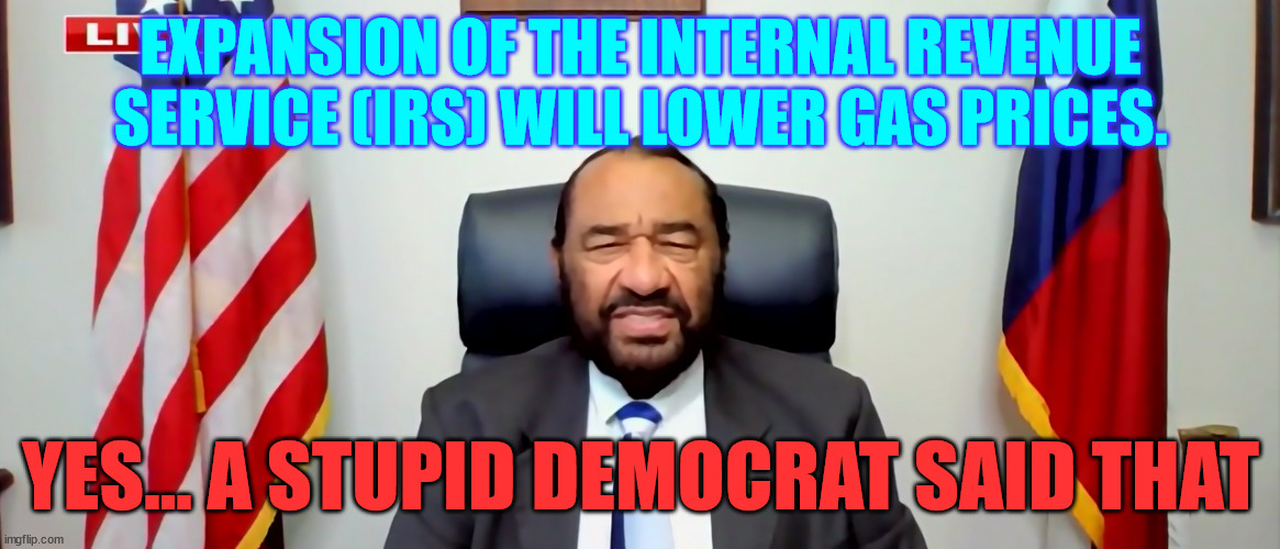 Democrats say the darnest things... | EXPANSION OF THE INTERNAL REVENUE SERVICE (IRS) WILL LOWER GAS PRICES. YES... A STUPID DEMOCRAT SAID THAT | image tagged in stupid liberals,democrats | made w/ Imgflip meme maker