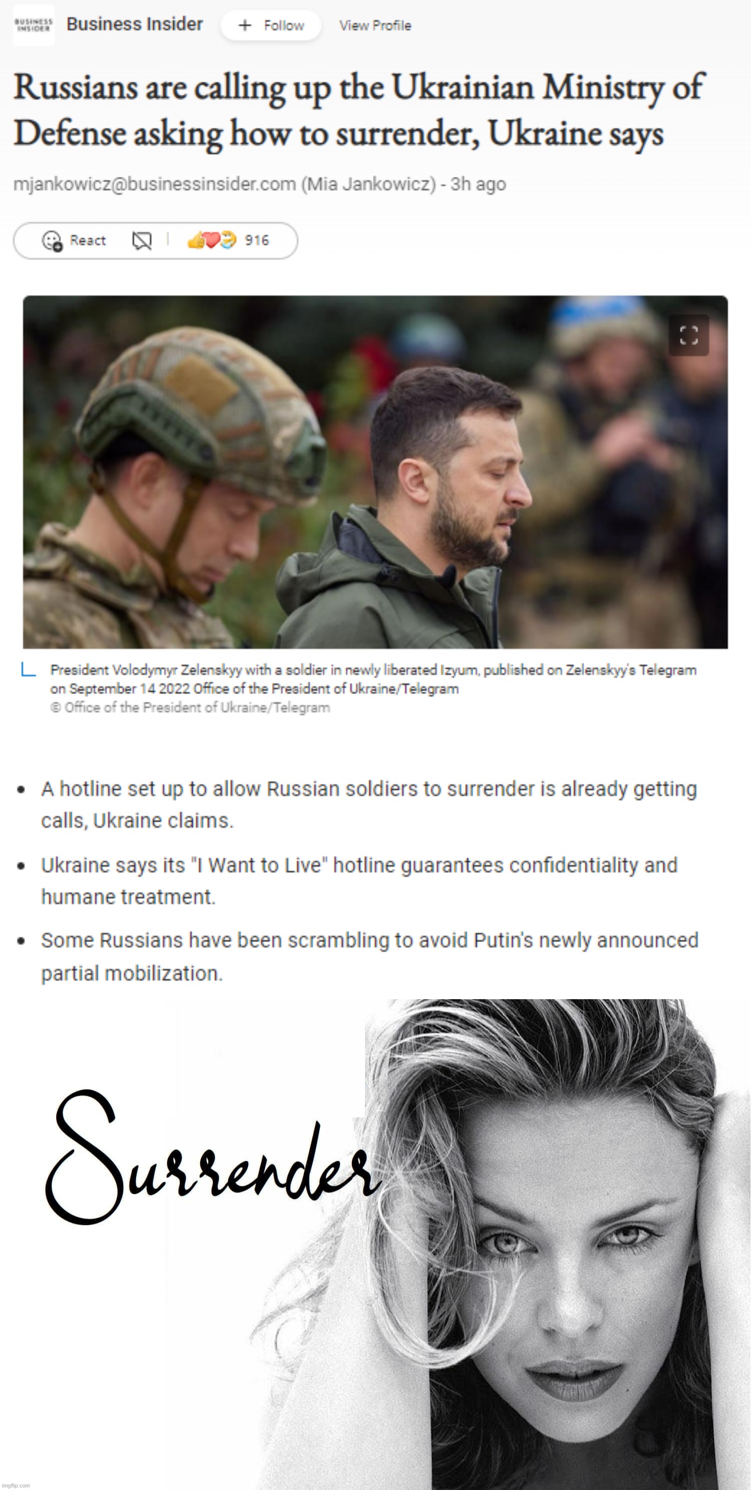 Radical pro-Western propaganda rag Business Insider reports Russians are surrendering. Who will believe them? | image tagged in russians surrendering,kylie surrender,radical,pro-western,propaganda,rag | made w/ Imgflip meme maker