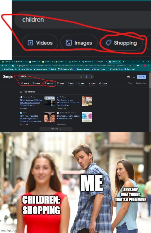 insert title here | ME; ANYBODY WHO THINKS THAT'S A PEDO MOVE; CHILDREN: SHOPPING | image tagged in memes,distracted boyfriend,oh wow are you actually reading these tags,shitpost,stupidass | made w/ Imgflip meme maker