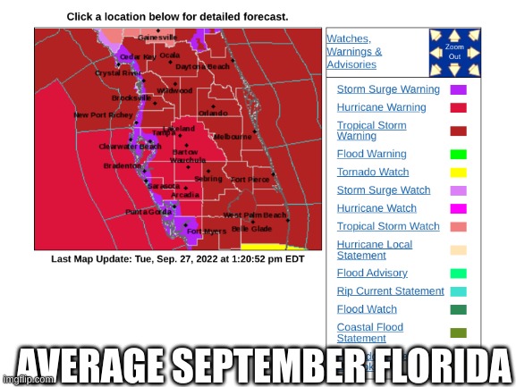 Ian |  AVERAGE SEPTEMBER FLORIDA | image tagged in hurricane,florida,tropical,storm,september | made w/ Imgflip meme maker