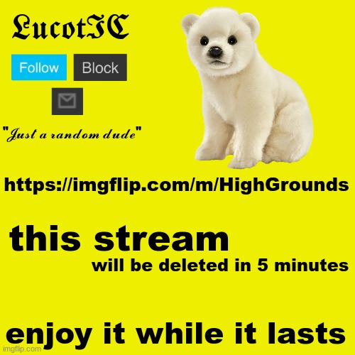 idk why you would want too, its just a random dumb stream | https://imgflip.com/m/HighGrounds; this stream; will be deleted in 5 minutes; enjoy it while it lasts | image tagged in lucotic polar bear announcement template | made w/ Imgflip meme maker