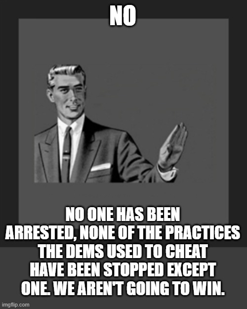 No | NO NO ONE HAS BEEN ARRESTED, NONE OF THE PRACTICES THE DEMS USED TO CHEAT HAVE BEEN STOPPED EXCEPT ONE. WE AREN'T GOING TO WIN. | image tagged in no | made w/ Imgflip meme maker