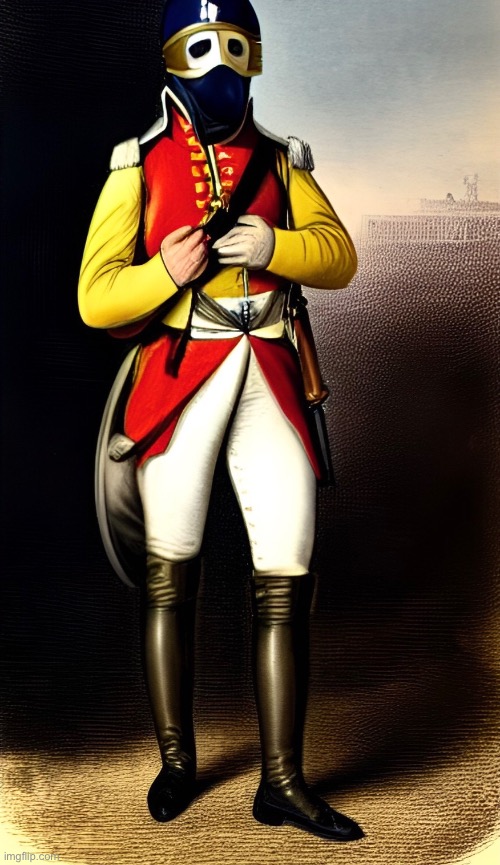 napoleonic soldier wearing a gas mask | made w/ Imgflip meme maker