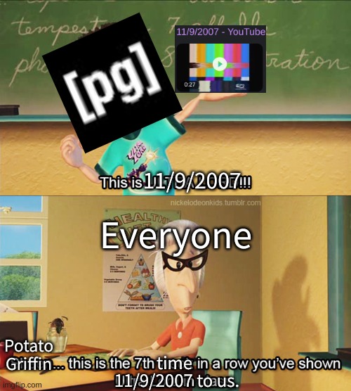 this feels like a fun stream meme | 11/9/2007; Everyone; Potato Griffin; time; 11/9/2007 to us. | image tagged in memes,funny,this is ultra lord,video,bragging,idfk | made w/ Imgflip meme maker