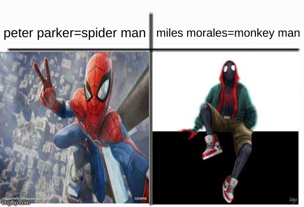 fax tho | peter parker=spider man; miles morales=monkey man | image tagged in t chart,dark humor,racism,spider man,new york,peter parker | made w/ Imgflip meme maker