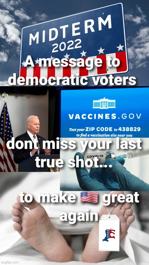 Last shot dumbocrats | image tagged in democrats,maga,midterms,republicans,libtards,covid vaccine | made w/ Imgflip meme maker