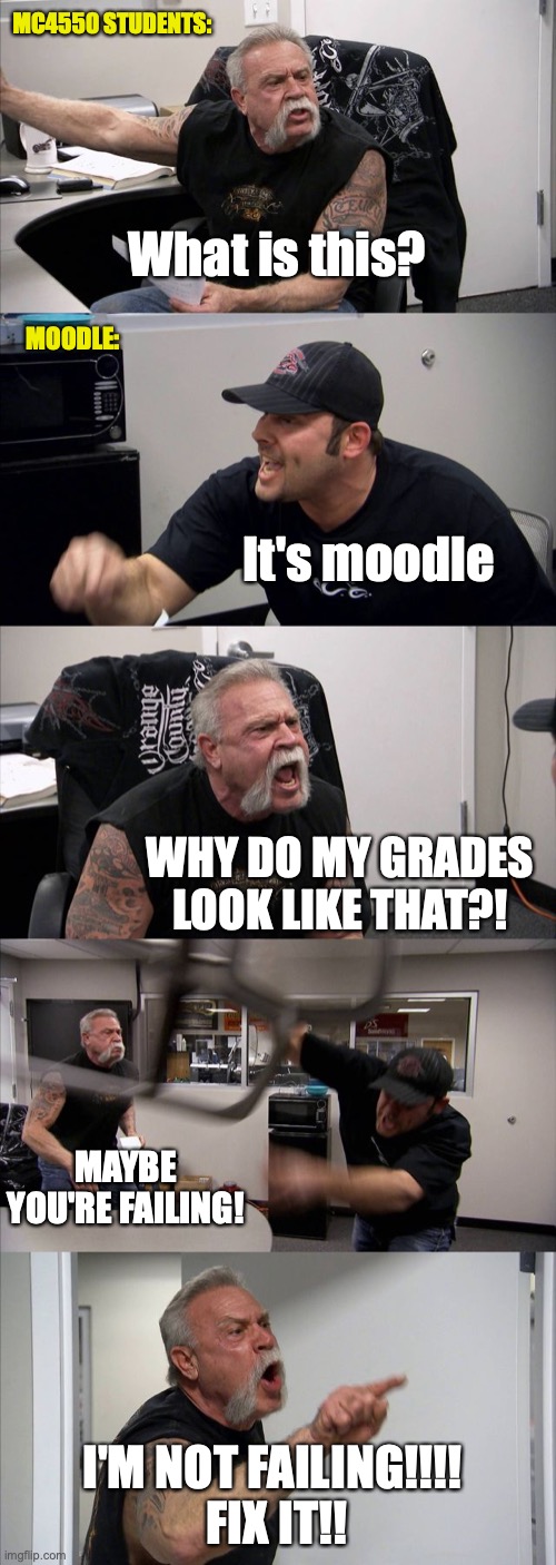 American Chopper Argument Meme | MC4550 STUDENTS:; What is this? MOODLE:; It's moodle; WHY DO MY GRADES LOOK LIKE THAT?! MAYBE YOU'RE FAILING! I'M NOT FAILING!!!! 
FIX IT!! | image tagged in memes,american chopper argument | made w/ Imgflip meme maker