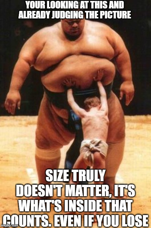 Stand for what you believe in | YOUR LOOKING AT THIS AND ALREADY JUDGING THE PICTURE; SIZE TRULY DOESN'T MATTER, IT'S WHAT'S INSIDE THAT COUNTS. EVEN IF YOU LOSE | image tagged in sumo size,motivational,demotivational,size matters,fight,judgemental | made w/ Imgflip meme maker