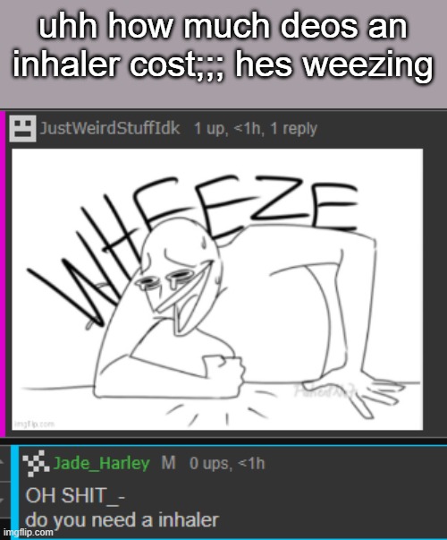 oops (wheezing*) | uhh how much deos an inhaler cost;;; hes weezing | made w/ Imgflip meme maker