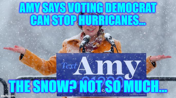 Insane democRATS... | AMY SAYS VOTING DEMOCRAT CAN STOP HURRICANES... THE SNOW? NOT SO MUCH... | image tagged in insane,democrats | made w/ Imgflip meme maker