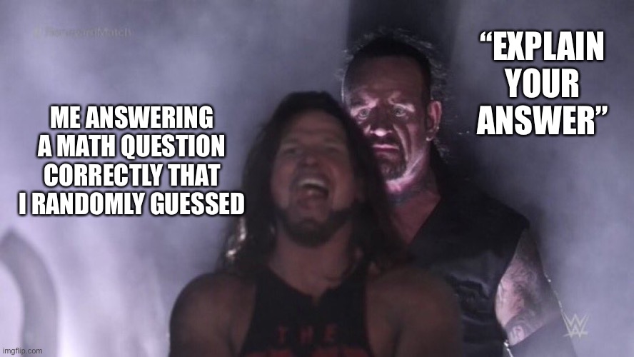 AJ Styles & Undertaker | “EXPLAIN YOUR ANSWER”; ME ANSWERING A MATH QUESTION CORRECTLY THAT I RANDOMLY GUESSED | image tagged in aj styles undertaker | made w/ Imgflip meme maker