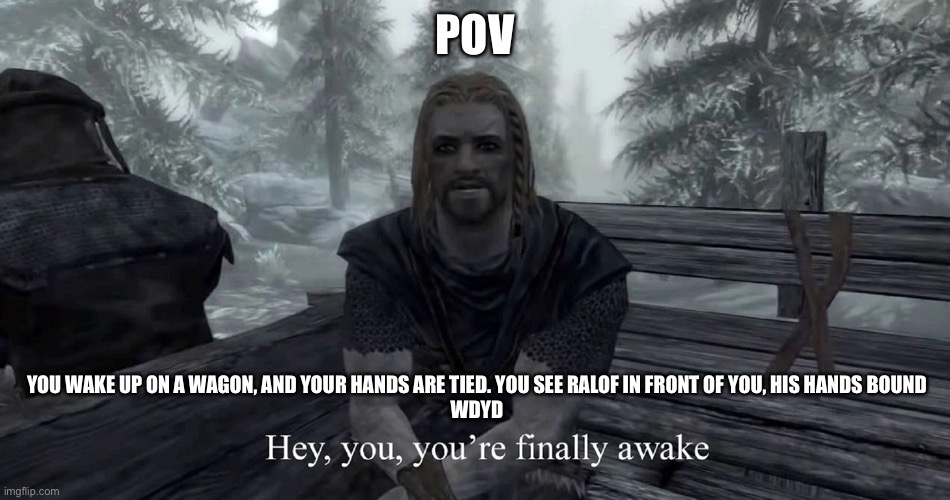 Skyrim role play pog! Your character has to be a cat person, lizard person, an elf, or a human. No joke, no erp, no romance, may | POV; YOU WAKE UP ON A WAGON, AND YOUR HANDS ARE TIED. YOU SEE RALOF IN FRONT OF YOU, HIS HANDS BOUND
WDYD | image tagged in you're finally awake | made w/ Imgflip meme maker