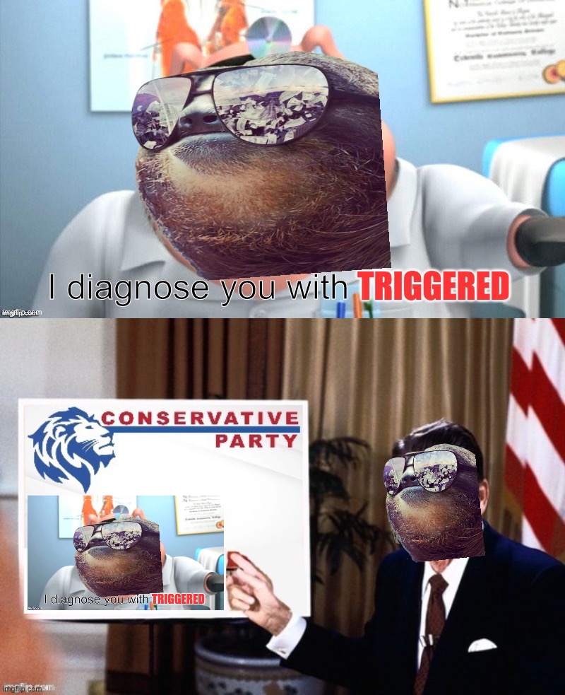 image tagged in sloth i diagnose you with triggered,ronald reagan i diagnose you with triggered | made w/ Imgflip meme maker