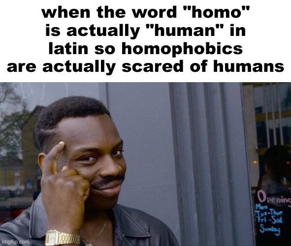 5 upvotes and i post it to LGBTQ | when the word "homo" is actually "human" in latin so homophobics are actually scared of humans | image tagged in memes,roll safe think about it | made w/ Imgflip meme maker