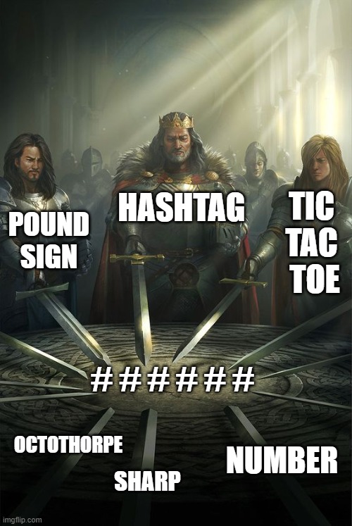 Unity of Octothorpes | TIC TAC  TOE; HASHTAG; POUND SIGN; # # # # # #; OCTOTHORPE; NUMBER; SHARP | image tagged in knights of the round table,octothorpes,symbolism,hashtags,names,did you know | made w/ Imgflip meme maker