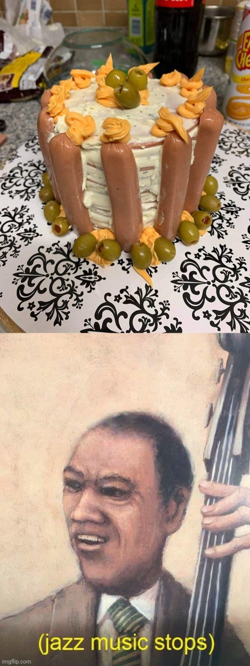 Cursed olive and hot dog cake | image tagged in jazz music stops,cursed image,olive,hot dog,cake,memes | made w/ Imgflip meme maker