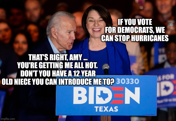 IF YOU VOTE FOR DEMOCRATS, WE CAN STOP HURRICANES THAT'S RIGHT, AMY ... YOU'RE GETTING ME ALL HOT.  DON'T YOU HAVE A 12 YEAR OLD NIECE YOU C | made w/ Imgflip meme maker