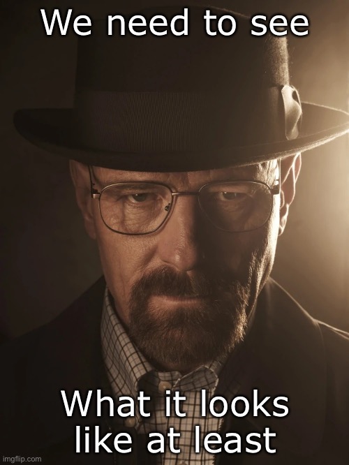 walter white | We need to see; What it looks like at least | image tagged in walter white | made w/ Imgflip meme maker