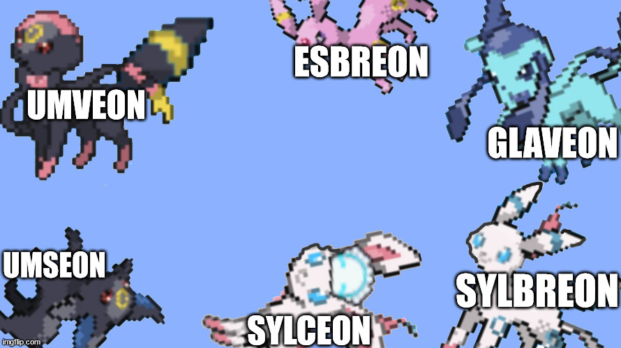 their names | ESBREON; UMVEON; GLAVEON; UMSEON; SYLBREON; SYLCEON | image tagged in kitty_the_sylceonhtf template | made w/ Imgflip meme maker