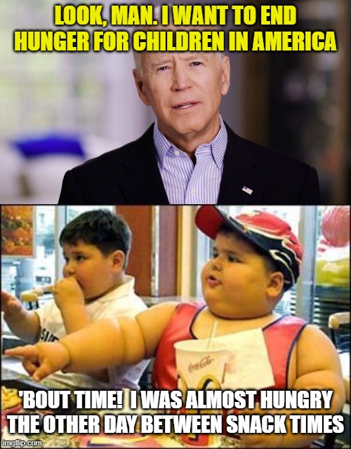 LOOK, MAN. I WANT TO END HUNGER FOR CHILDREN IN AMERICA; 'BOUT TIME!  I WAS ALMOST HUNGRY THE OTHER DAY BETWEEN SNACK TIMES | image tagged in joe biden 2020,food | made w/ Imgflip meme maker