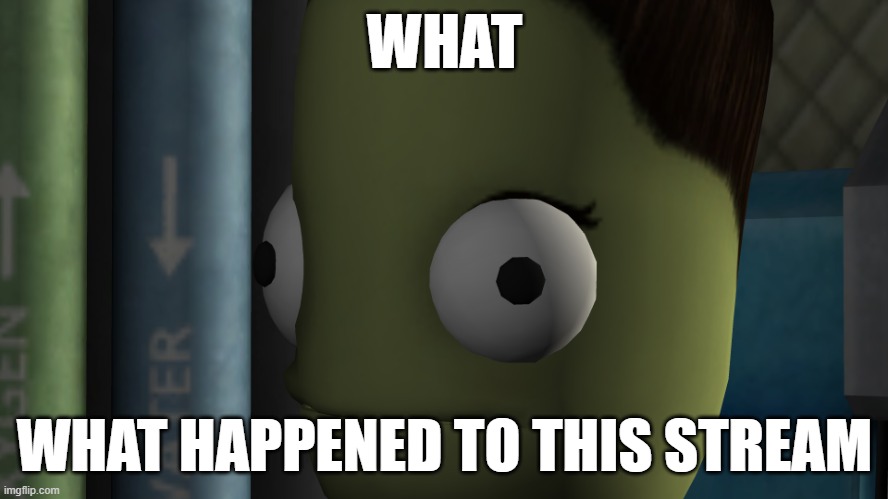 what happened here | WHAT; WHAT HAPPENED TO THIS STREAM | image tagged in kerbal space bruh face | made w/ Imgflip meme maker