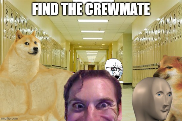 Find the crewmate challenge | FIND THE CREWMATE | image tagged in school,hallway,challenge | made w/ Imgflip meme maker