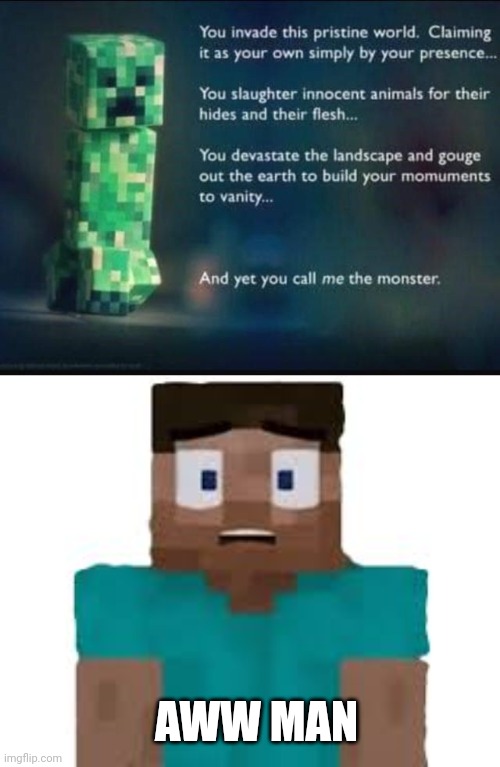 CREEPER HURTING FEELINGS OUTSIDE THE GAME |  AWW MAN | image tagged in creeper,minecraft creeper,minecraft steve,minecraft,minecraft memes | made w/ Imgflip meme maker