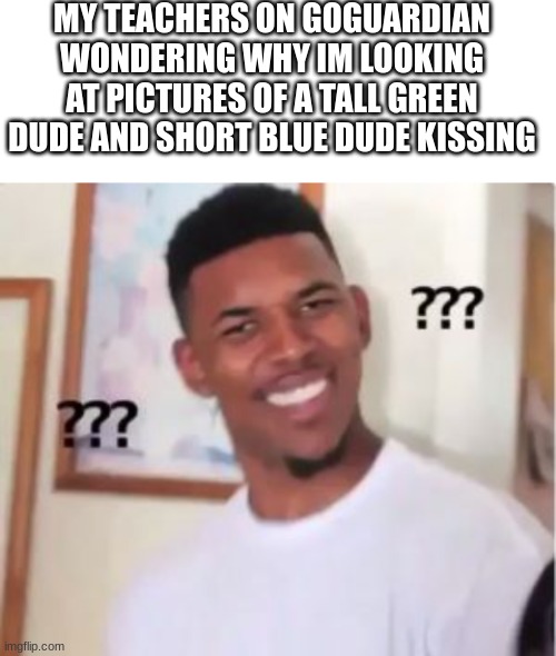 one of my teachers actually asked what that was and i was so embarrassed :D | MY TEACHERS ON GOGUARDIAN WONDERING WHY IM LOOKING AT PICTURES OF A TALL GREEN DUDE AND SHORT BLUE DUDE KISSING | image tagged in blank white template,nick young,dnf,dreamnotfound | made w/ Imgflip meme maker