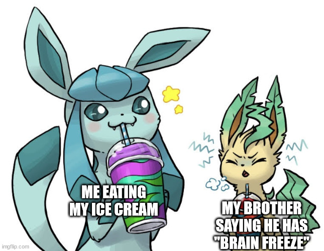 Glaceon and Leafeon drinking Slushies | ME EATING MY ICE CREAM; MY BROTHER SAYING HE HAS "BRAIN FREEZE" | image tagged in glaceon and leafeon drinking slushies | made w/ Imgflip meme maker