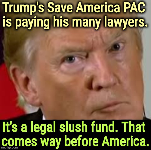 Looking out for Number One. | Trump's Save America PAC 
is paying his many lawyers. It's a legal slush fund. That 
comes way before America. | image tagged in trump eyes dilated,trump,greedy,selfish,lawyers,liar | made w/ Imgflip meme maker